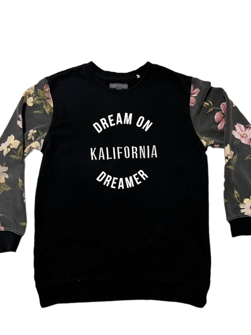 Kendall & Kylie Black Sweatshirt with Floral Sleeve Accents Large Cozy Comfort